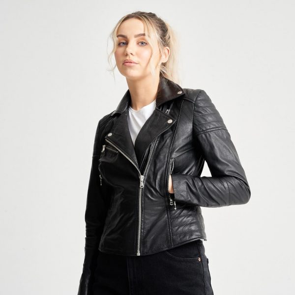 Barneys Originals Women’s Petite Real Leather Jacket With Ribbed Shoulders – Clara