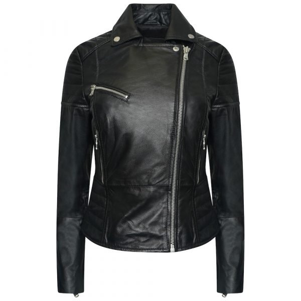 barneys originals Women’s Plus Size Real Leather Jacket with Ribbed Shoulders – Clara