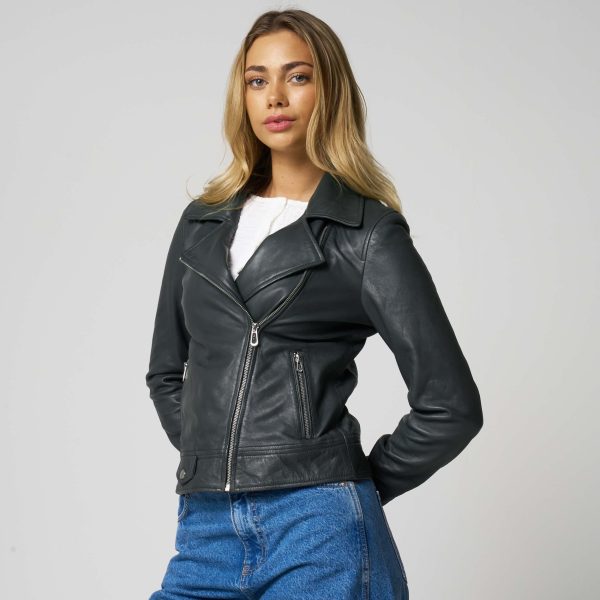 Barneys Originals Women’s Racing Green Leather Biker Jacket