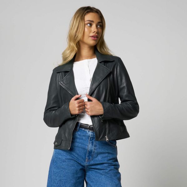 barneys originals Women’s Racing Green Leather Biker Jacket