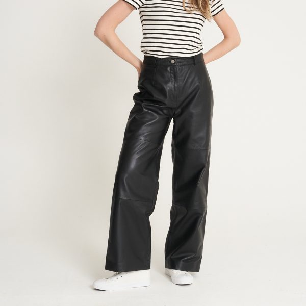 barneys originals Women’s Real Leather Wide-Leg Trousers