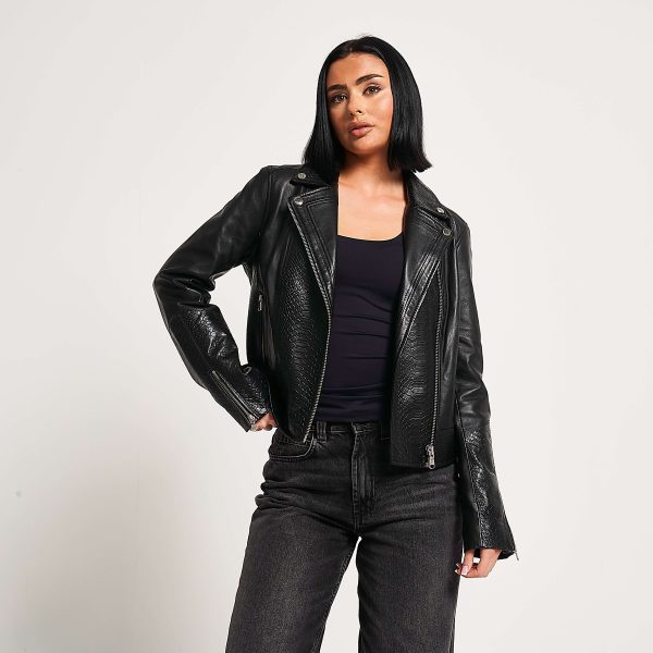 Barneys Originals Women’s Snake Print Leather Biker Jacket