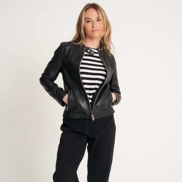 Barneys Originals Women’s Tab Neck Leather Racer Jacket – Charlotte