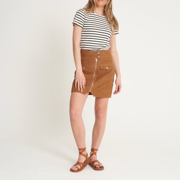 Barneys Originals Women’s Tan Real Suede Skirt With Zip Detailing