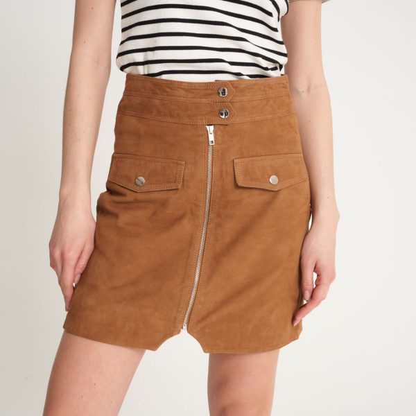 barneys originals Women’s Tan Real Suede Skirt with Zip Detailing