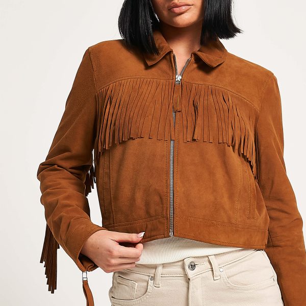 Barneys Originals Women’s Tan Suede Fringe Harrington