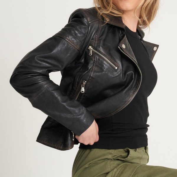 Barneys Originals Women’s Washed Clara Leather Biker Jacket