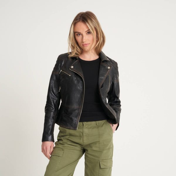 Barneys Originals Women’s Washed Tall Clara Leather Biker Jacket