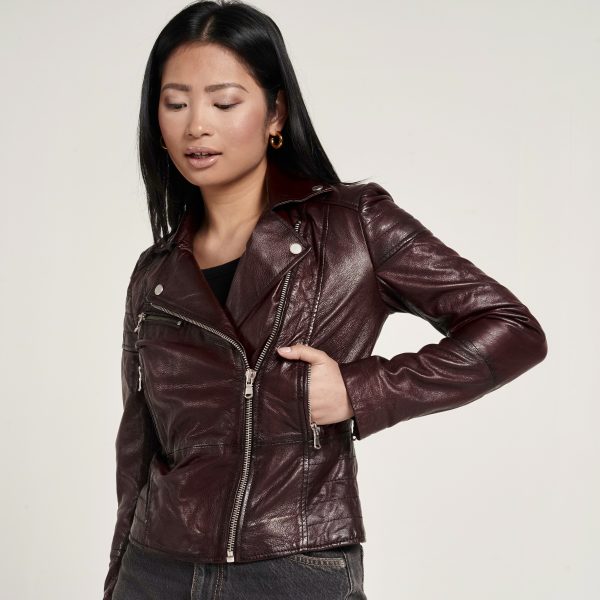 barneys originals Women’s Wine Washed Leather Biker Jacket