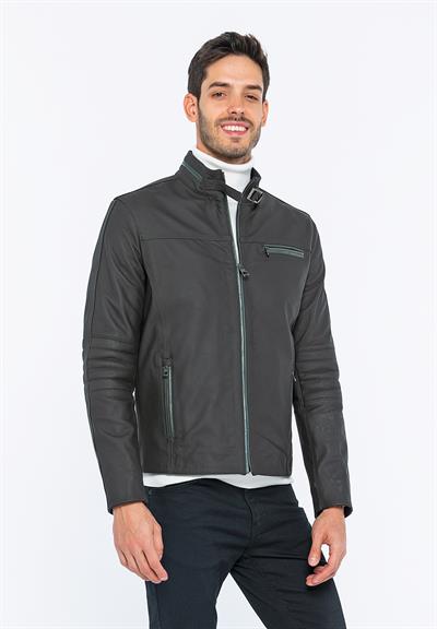 Basics And More Basics&More Biker Coffee Taffeta Leather Jacket - E/47