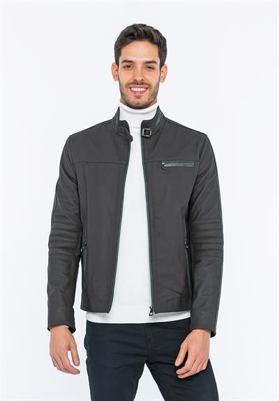 Basics And More Basics&More Biker Coffee Taffeta Leather Jacket - E/47