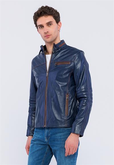 Basics And More Basics&More Biker Navy Blue Leather Jacket - E/47