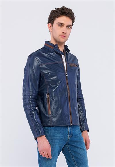 Basics And More Basics&More Biker Navy Blue Leather Jacket - E/47