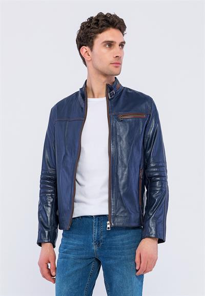 Basics And More Basics&More Biker Navy Blue Leather Jacket - E/47