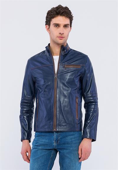 basics and more Basics&More Biker Navy Blue Leather Jacket - E/47
