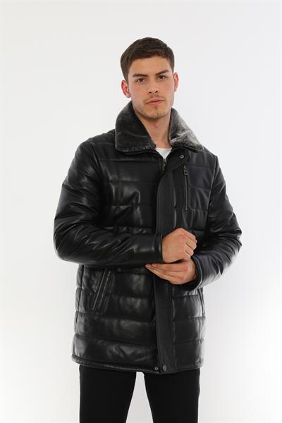 Basics And More Basics&More Black Fur Collared Long Leather Coat - E2118