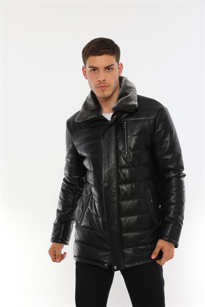 Basics And More Basics&More Black Fur Collared Long Leather Coat - E2118