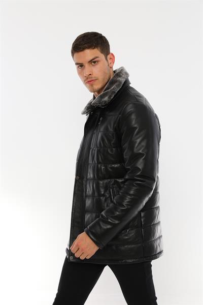 Basics And More Basics&More Black Fur Collared Long Leather Coat - E2118