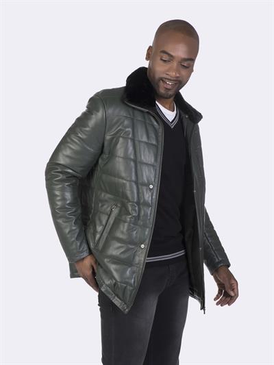 Basics And More Basics&More Long Green Leather Coat With Fur Collars - E2118