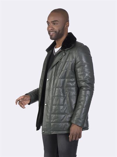 Basics And More Basics&More Long Green Leather Coat With Fur Collars - E2118