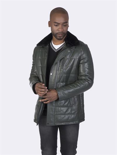 basics and more Basics&More Long Green Leather Coat with Fur Collars - E2118