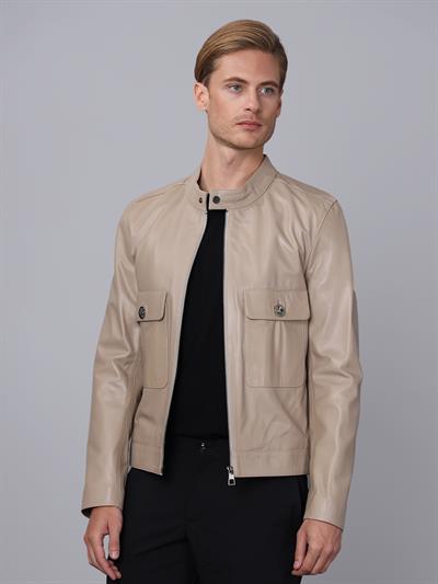Basics And More Basics&More Men Beige Leather Jacket - E1021