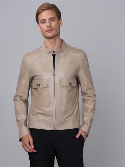 basics and more Basics&More Men Beige Leather Jacket - E1021