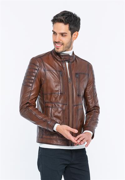 Basics And More Basics&More Men Biker Brown Leather Jacket - B3455