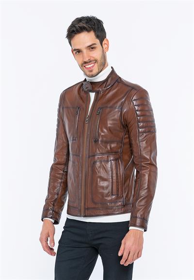 Basics And More Basics&More Men Biker Brown Leather Jacket - B3455