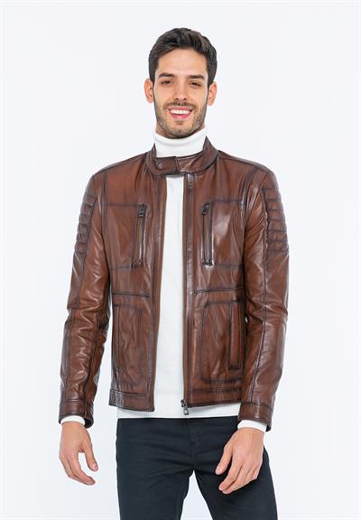Basics And More Basics&More Men Biker Brown Leather Jacket - B3455