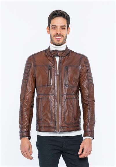 basics and more Basics&More Men Biker Brown Leather Jacket - B3455