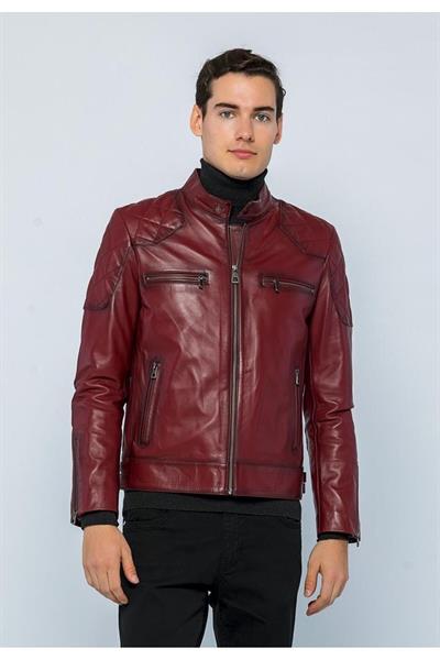Basics And More Basics&More Men Biker Burgundy Leather Jacket - E/1042