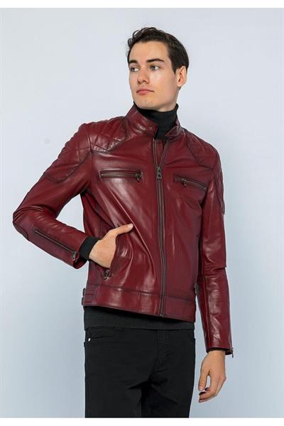 Basics And More Basics&More Men Biker Burgundy Leather Jacket - E/1042