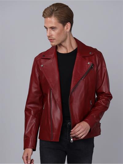 Basics And More Basics&More Men Biker Burgundy Leather Jacket - E2021