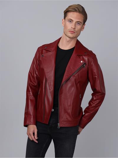 basics and more Basics&More Men Biker Burgundy Leather Jacket - E2021