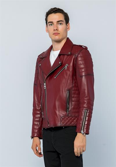 Basics And More Basics&More Men Biker Burgundy Leather Jacket - E6735
