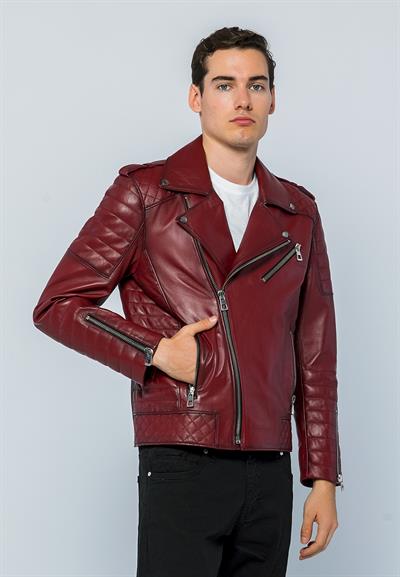 Basics And More Basics&More Men Biker Burgundy Leather Jacket - E6735
