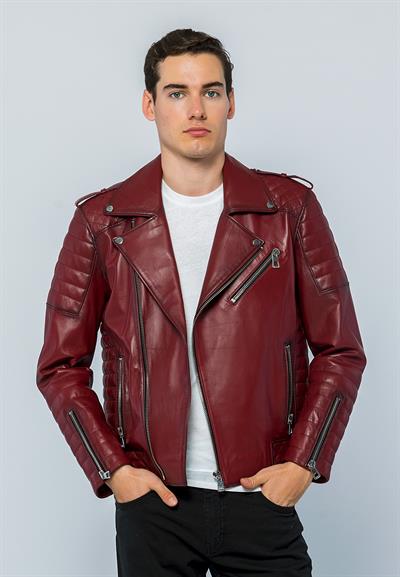 Basics And More Basics&More Men Biker Burgundy Leather Jacket - E6735