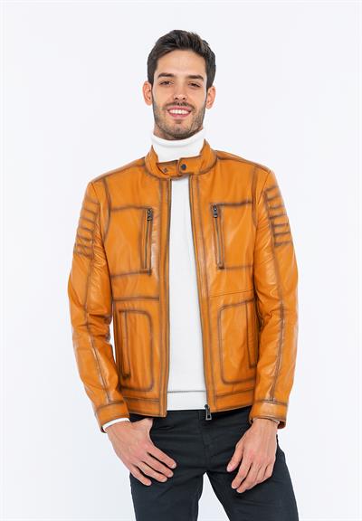 Basics And More Basics&More Men Biker Camel Leather Jacket - B3455