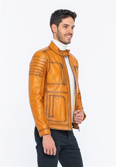 Basics And More Basics&More Men Biker Camel Leather Jacket - B3455