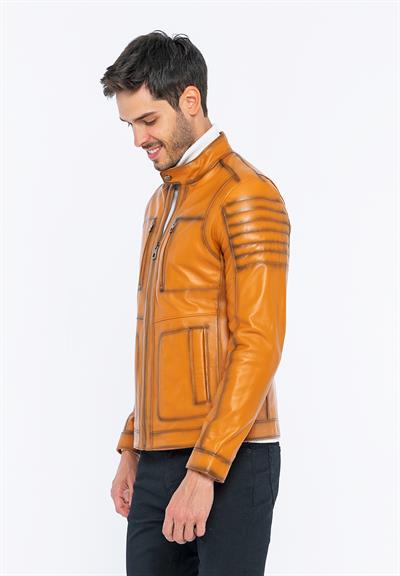 Basics And More Basics&More Men Biker Camel Leather Jacket - B3455
