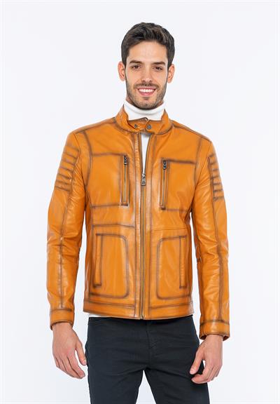 basics and more Basics&More Men Biker Camel Leather Jacket - B3455