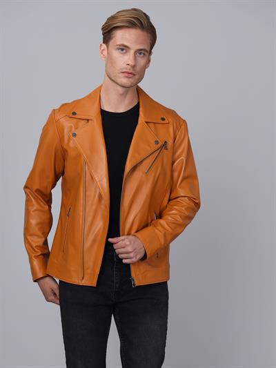 Basics And More Basics&More Men Biker Camel Leather Jacket - E2021
