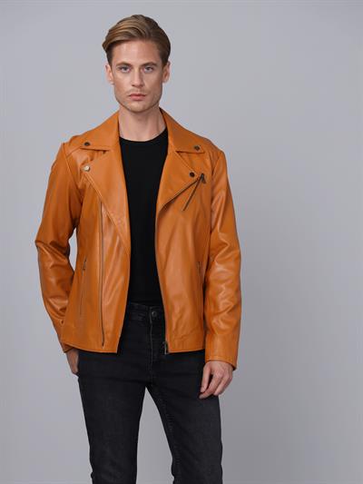 Basics And More Basics&More Men Biker Camel Leather Jacket - E2021