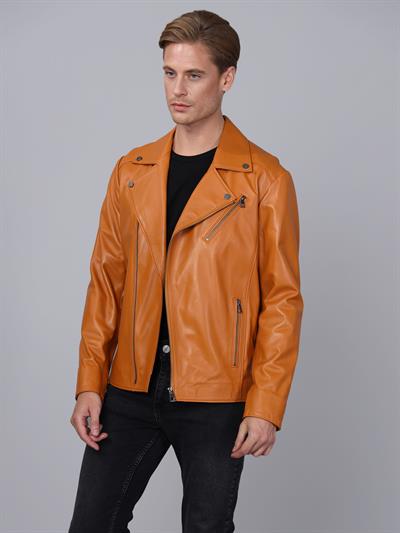 Basics And More Basics&More Men Biker Camel Leather Jacket - E2021