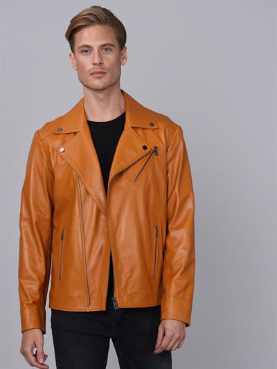 basics and more Basics&More Men Biker Camel Leather Jacket - E2021