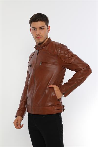 Basics And More Basics&More Men Biker Chestnut Leather Jacket - E/1042