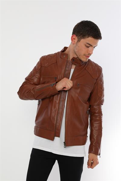 Basics And More Basics&More Men Biker Chestnut Leather Jacket - E/1042