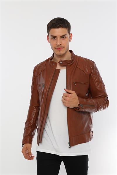 basics and more Basics&More Men Biker Chestnut Leather Jacket - E/1042