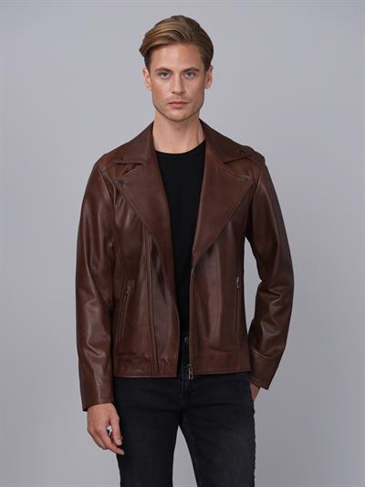 Basics And More Basics&More Men Biker Chestnut Leather Jacket - E2021